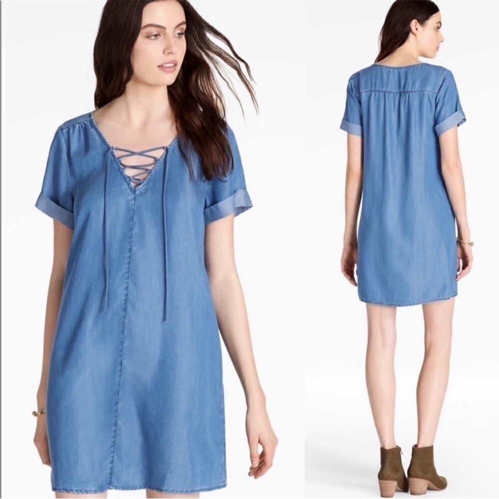 Blue Chambray Lace-Up Mini Dress • Coastal Cowgirl Dress Western Boho Dress
